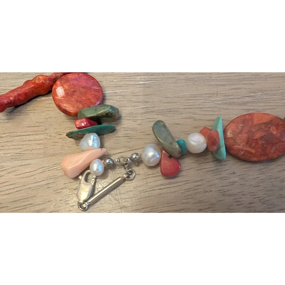 Vintage Turquoise & Coral Bead Necklace with pearls Multi-Strand necklace‎